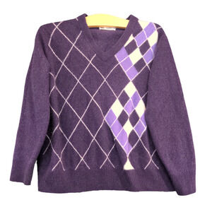 Digao Women's Sweater Purple 120 cm 36x21 Diamond Argyle V-Neck Cashmere